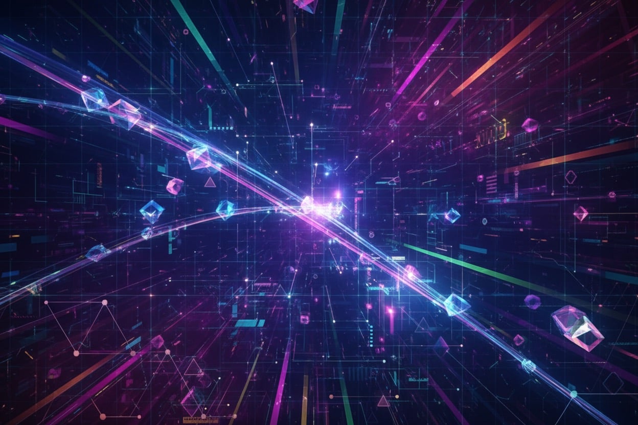 Abstract digital space filled with glowing geometric shapes, data lines, and light streaks against a dark background.